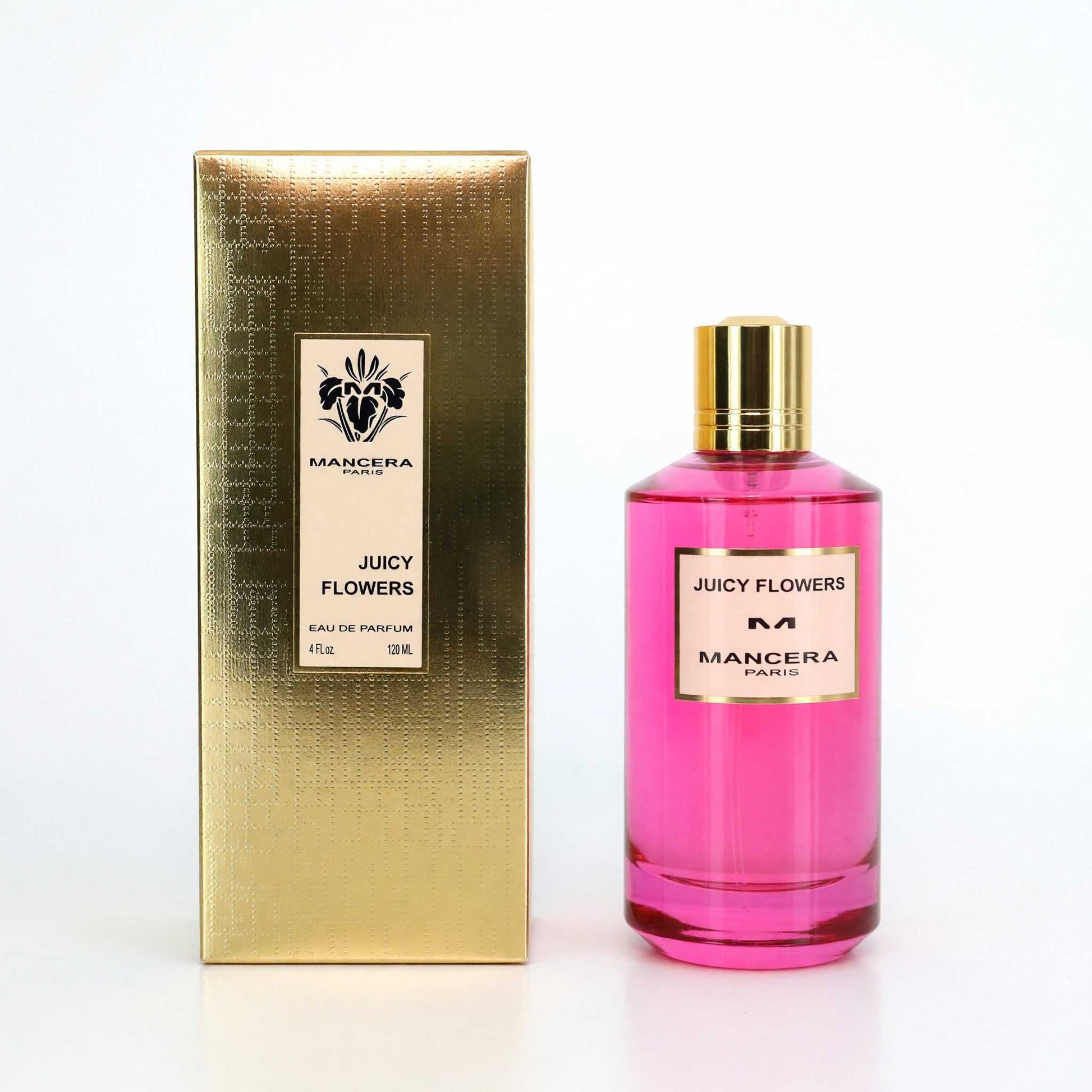 Mancera Juicy Flowers eau de parfum spray: pink glass bottle with gold cap and box