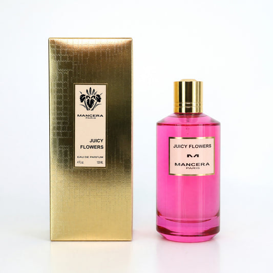 Pink perfume EDP spray bottle with gold cap and matching gold product box