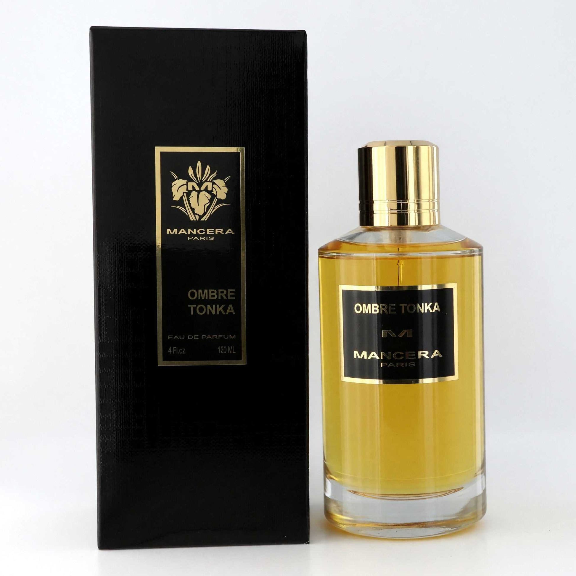 Unisex EDP spray bottle with amber liquid, gold cap, and Mancera Ombre Tonka label