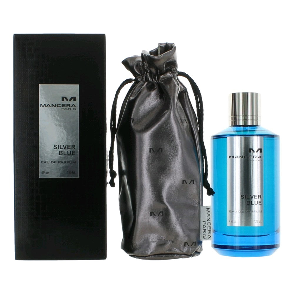 Perfume EDP spray bottle with blue label, silver cap, in box and drawstring pouch