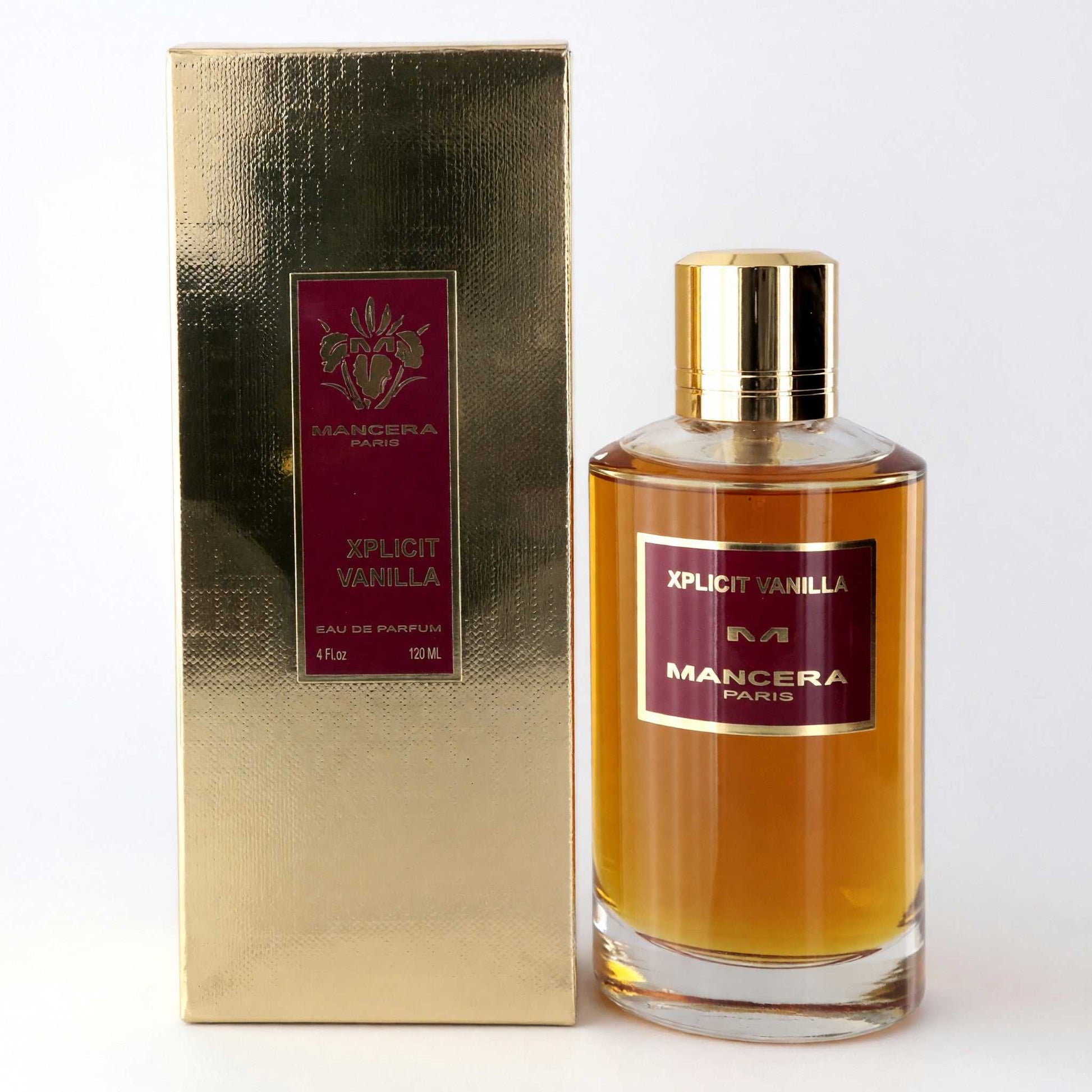 Mancera Xplicit Vanilla EDP spray bottle with amber glass and matching box, 4 oz