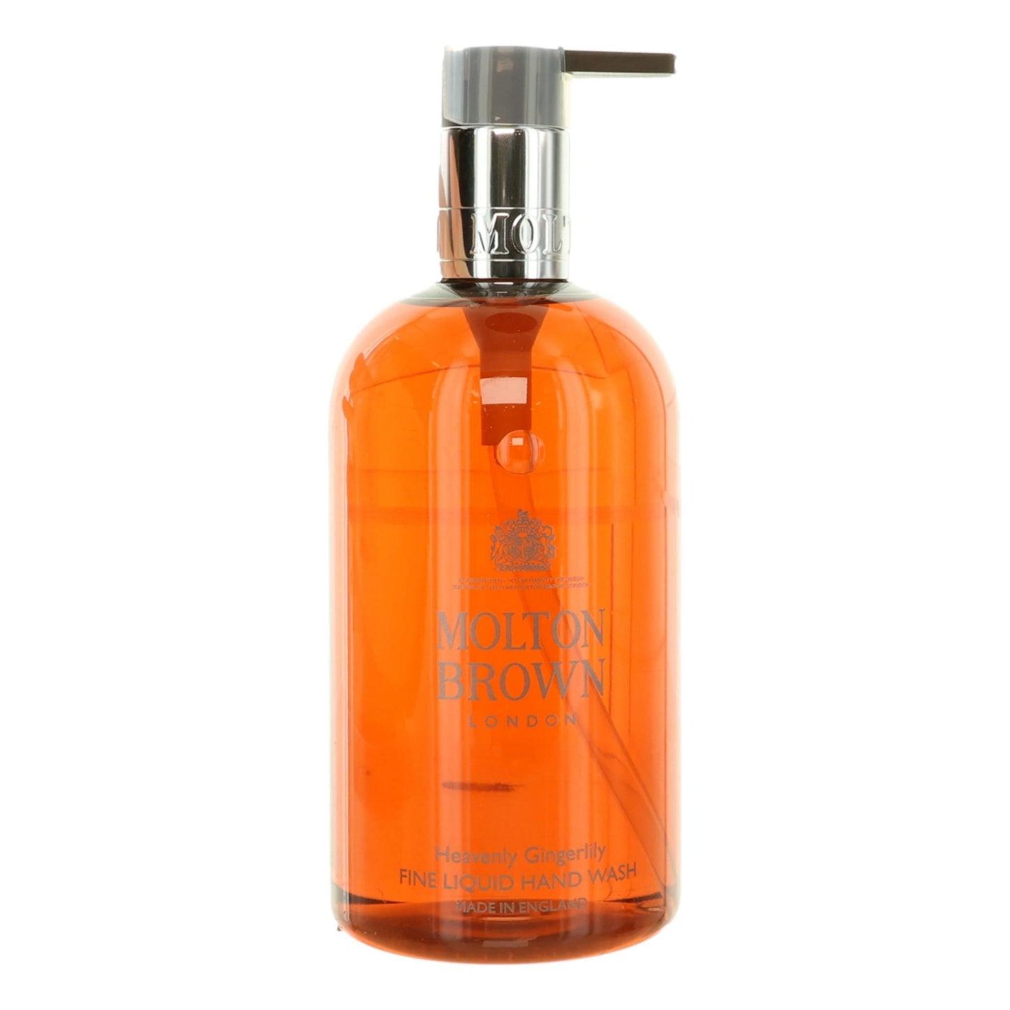 Molton Brown Heavenly Gingerlily fine liquid hand wash bottle, orange glass with pump