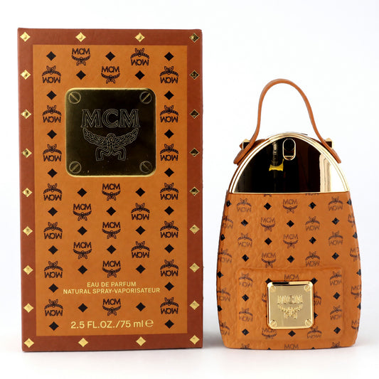 MCM eau de parfum spray set: patterned box and amber bottle with logo label