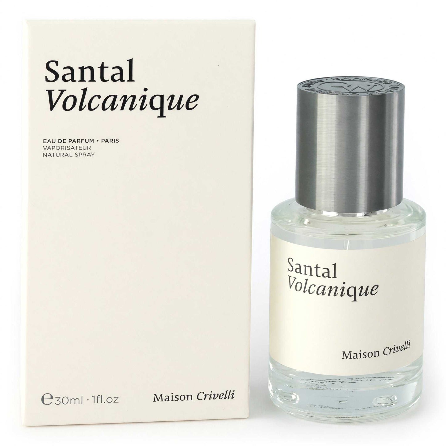 Santal Volcanique eau de parfum spray with glass bottle and beige label, 1 oz