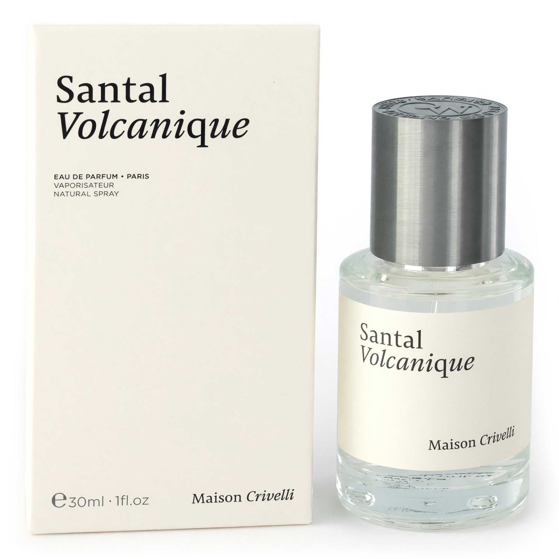 Santal Volcanique eau de parfum spray with glass bottle and beige label, 1 oz