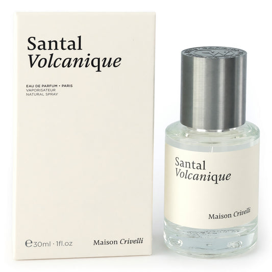Perfume EDP spray bottle with silver cap and matching Santal Volcanique box, 1 oz.