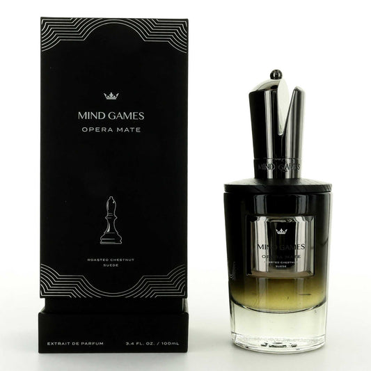 Mind Games Opera Mate parfum spray with glass bottle, black cap, and box