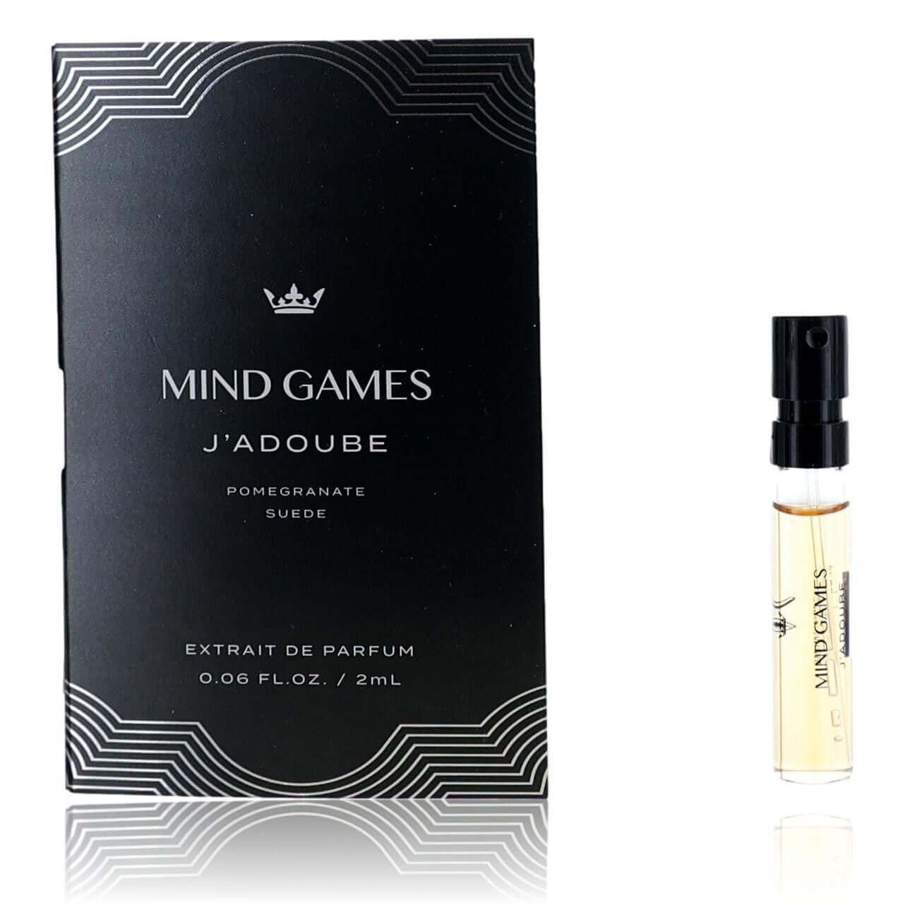 J'Adoube by Mind Games extrait de parfum sample, black box and clear spray vial
