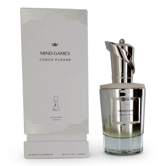 Mind Games Check Please extrait de parfum set: clear glass bottle with chrome cap, box