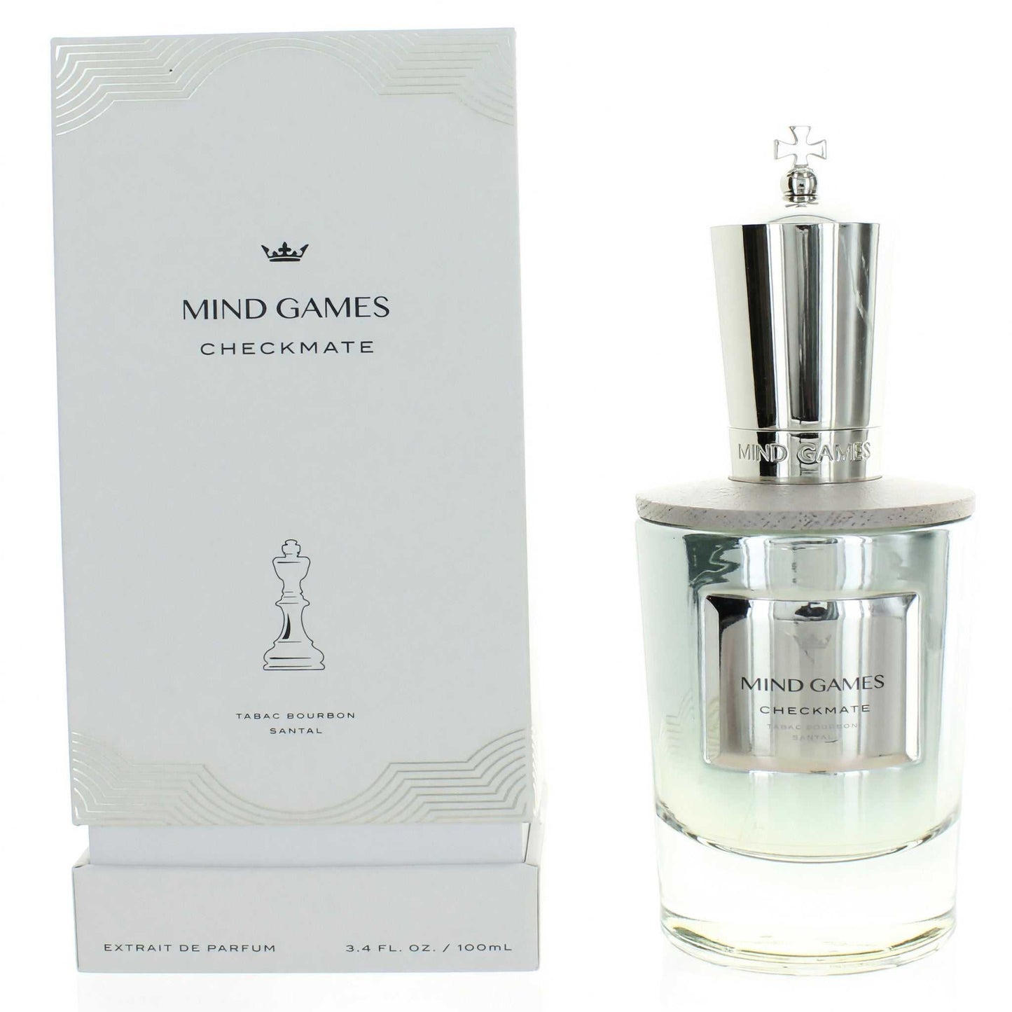 Unisex silver extrait de parfum bottle with cap and matching Mind Games box