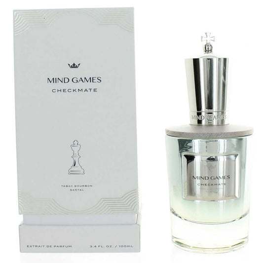 Unisex silver extrait de parfum bottle with cap and matching Mind Games box