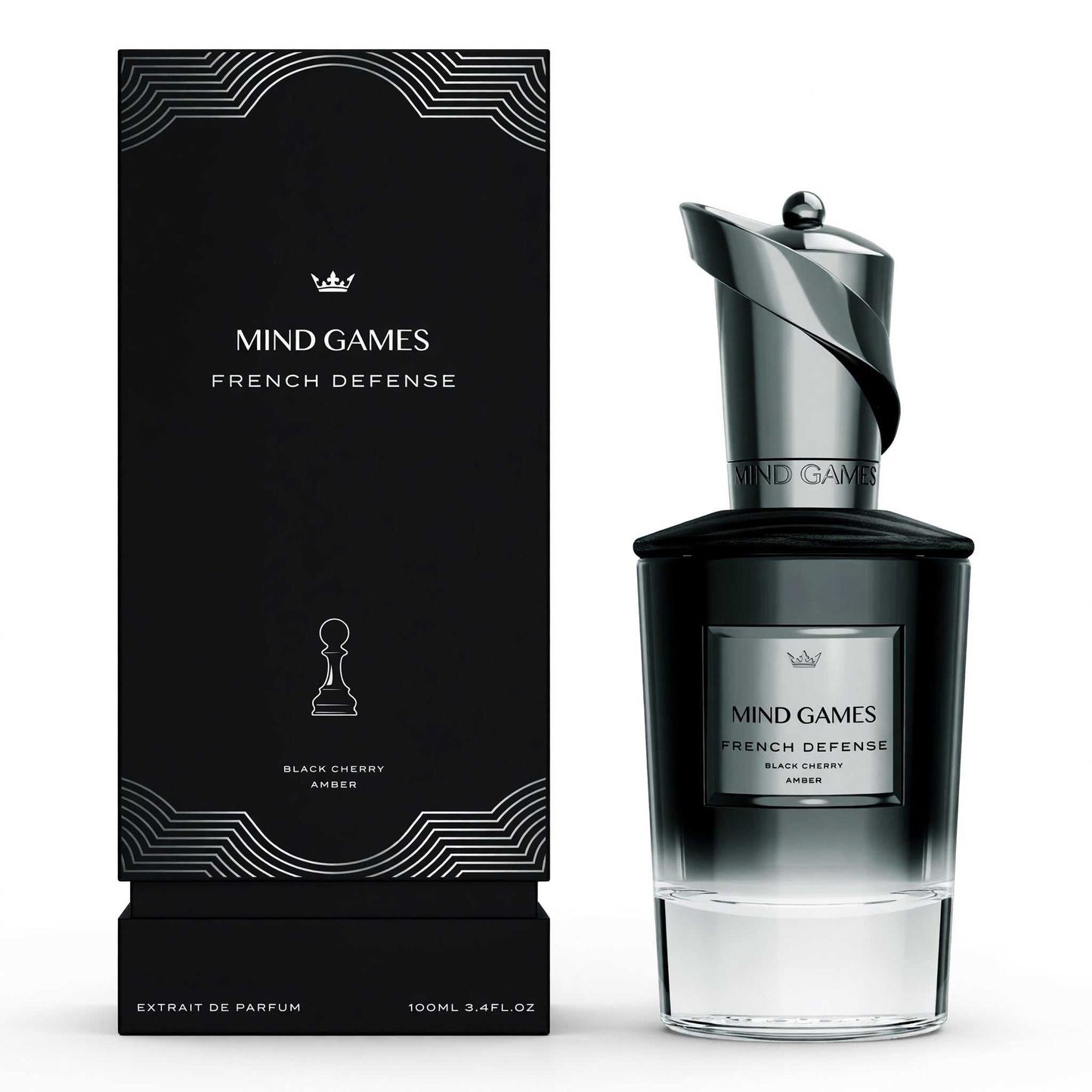 Mind Games French Defense extrait de parfum bottle with black and teal cap and box
