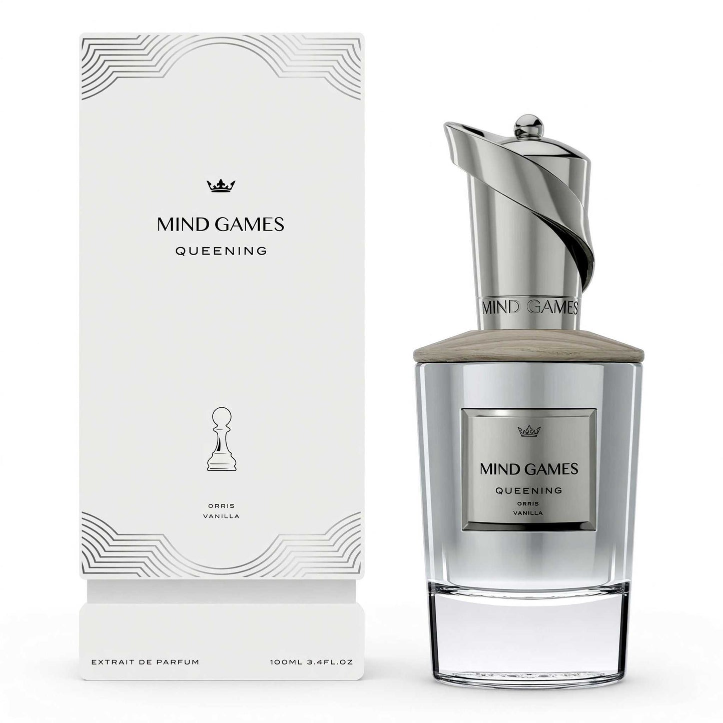 Mind Games Queening extrait de parfum bottle with silver box, 3.4 oz