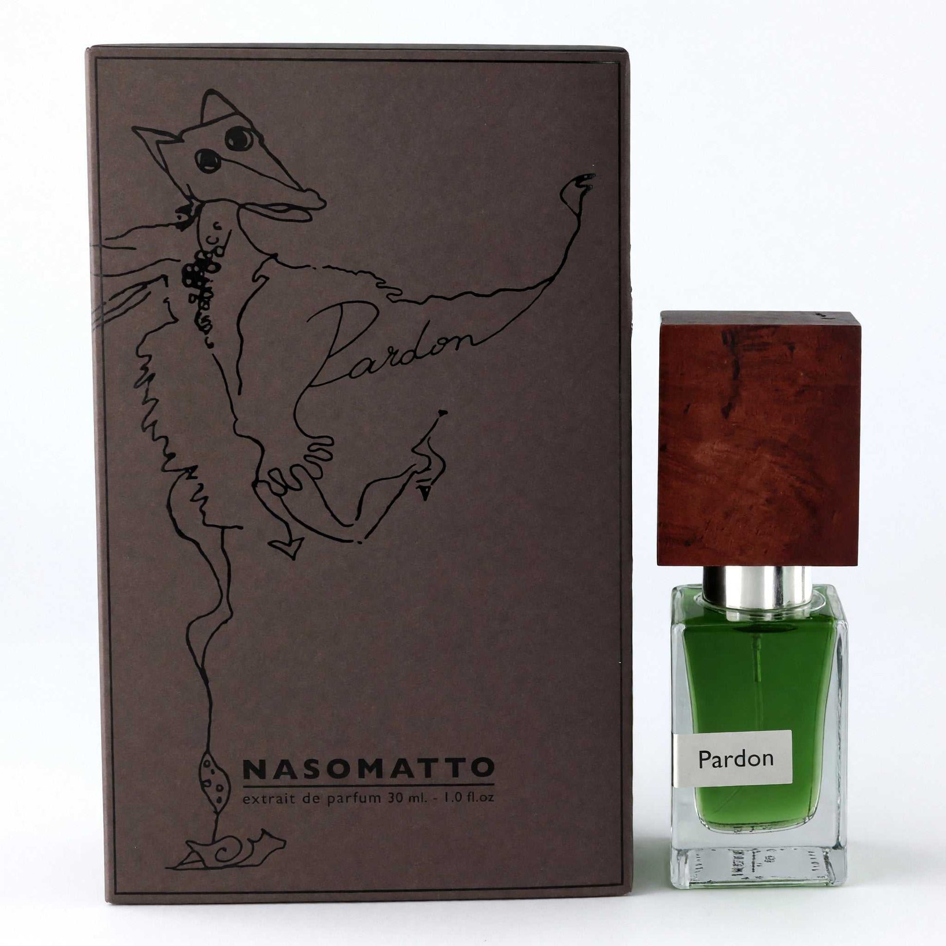 Pardon by Nasomatto extrait de parfum spray, glass bottle with green liquid and box