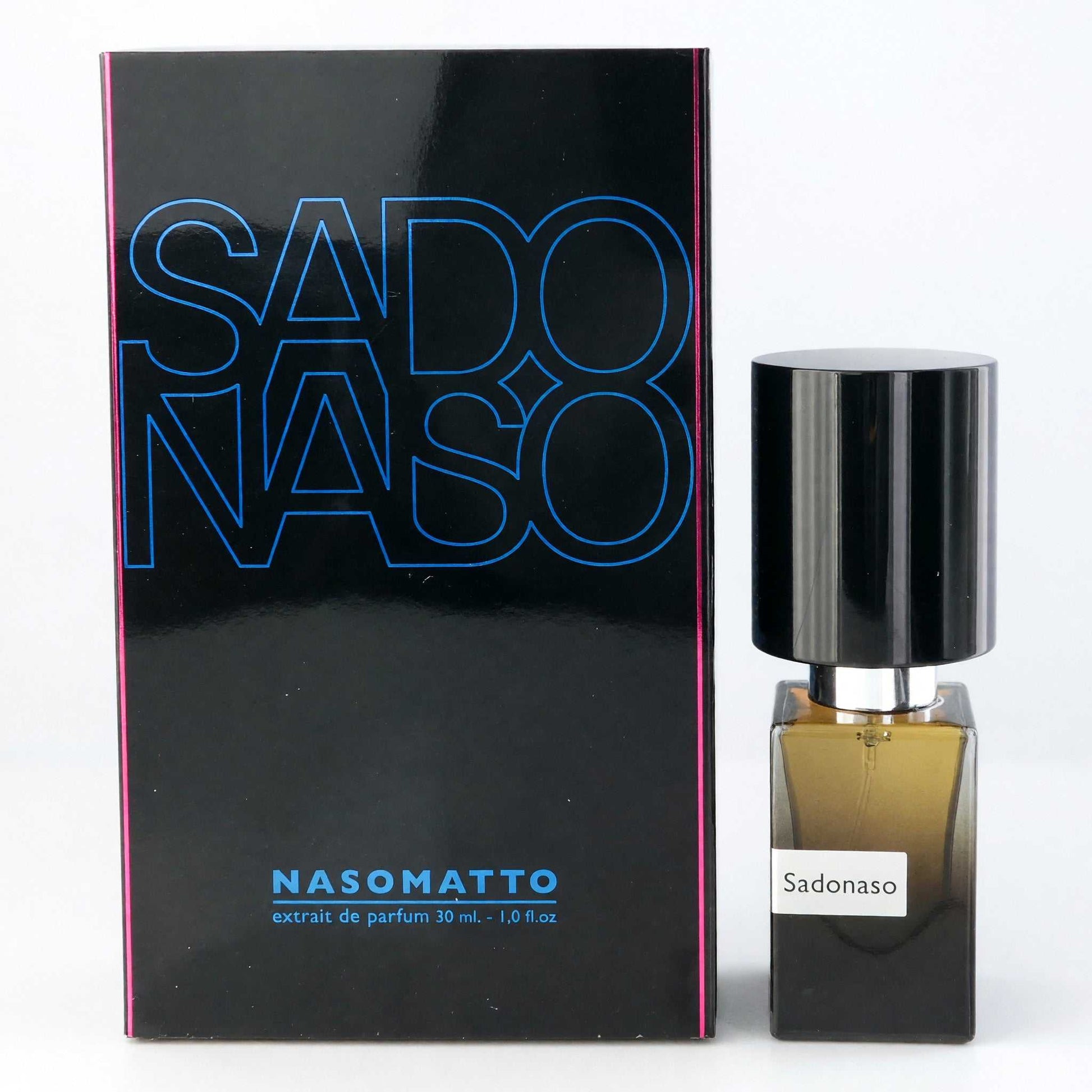 Nasomatto Sadonaso extrait de parfum bottle and dark box with blue logo