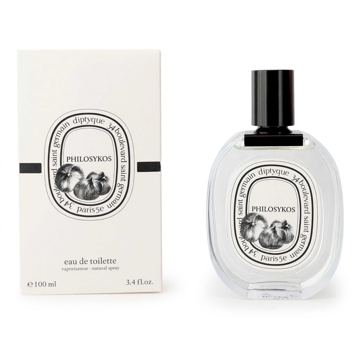 Diptyque Philosykos EDT spray bottle with black cap and glass body, shown with carton