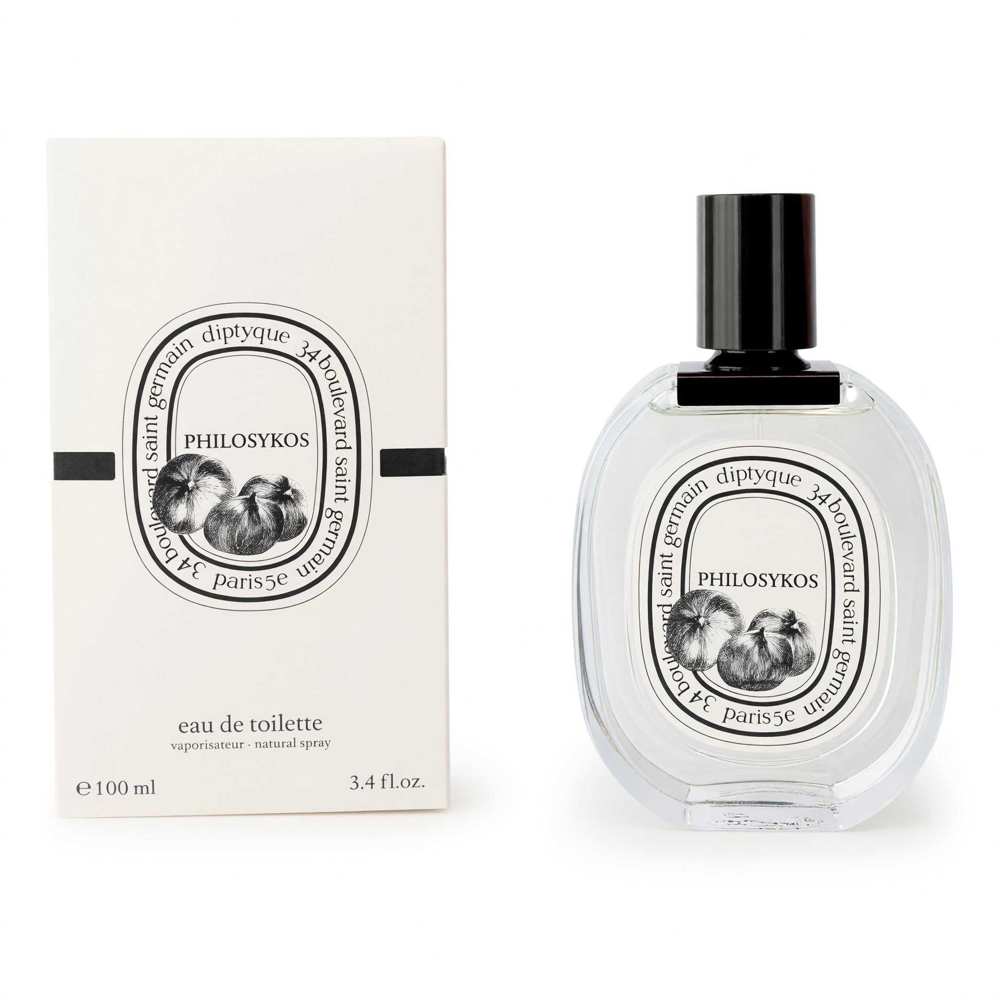 Diptyque Philosykos EDT spray bottle with black cap and glass body, shown with carton