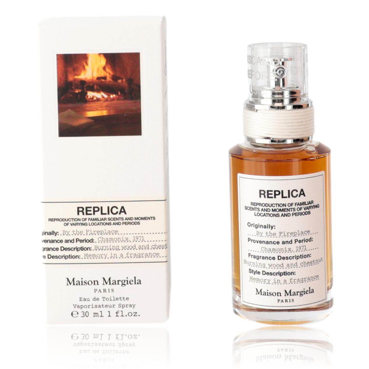 Replica By The Fireplace by Maison Margiela, 1oz EDT spray for Unisex in packaging with warm fireplace backdrop.