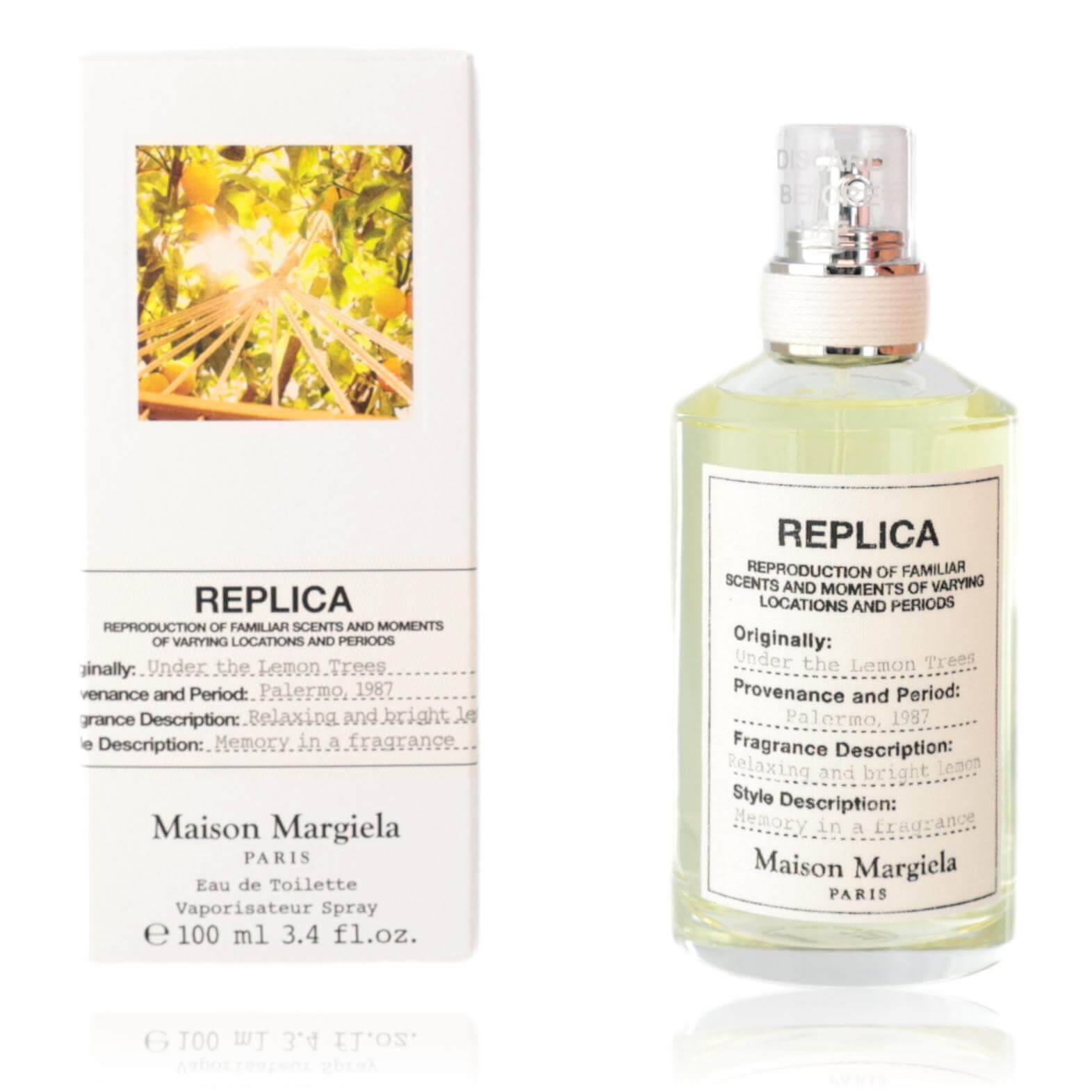 Eau de toilette spray bottle with clear glass and silver cap, REPLICA label
