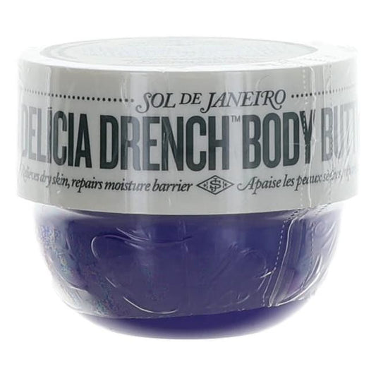Delicia Drench body butter jar by Sol de Janeiro, white cap and dark blue container.