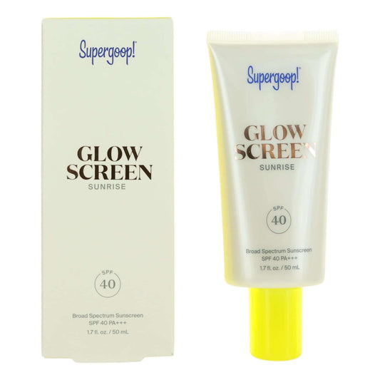 Glow Screen Sunrise SPF 40 sunscreen tube, cream gel in squeeze package