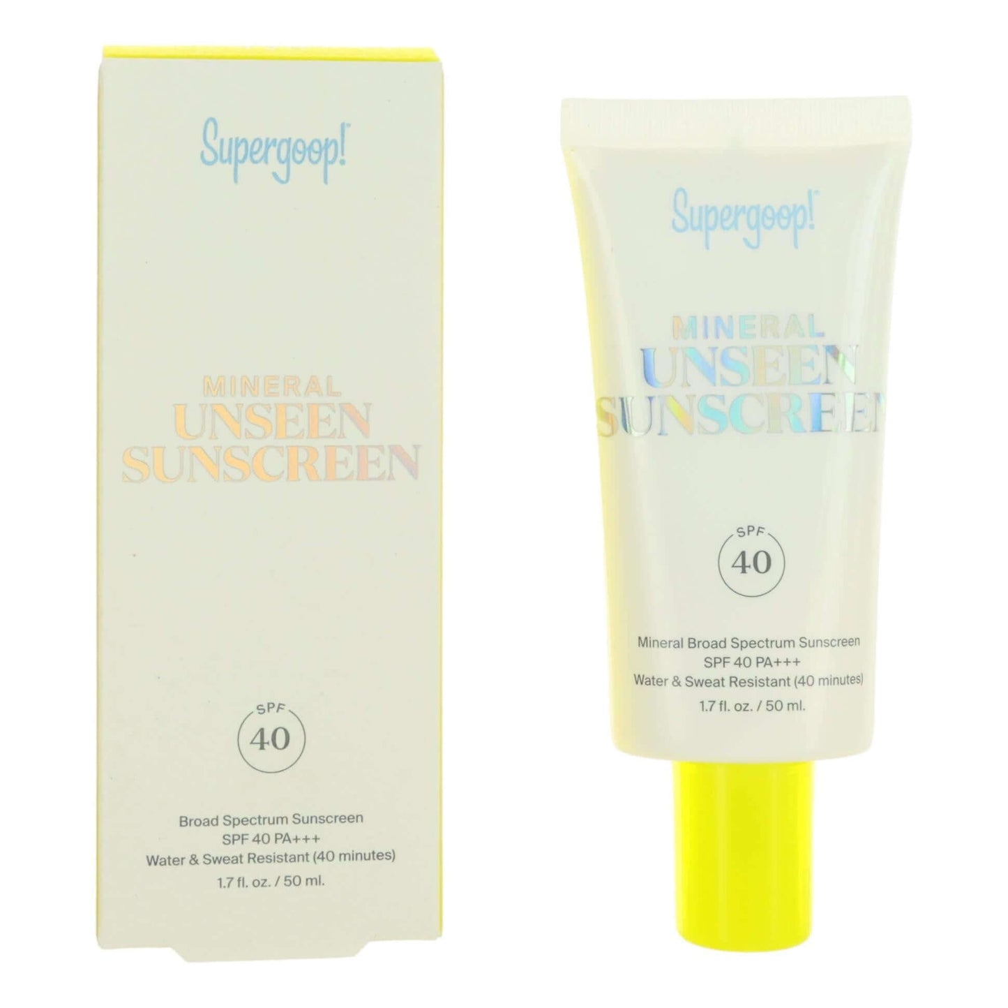Mineral sunscreen SPF 40 tube and carton, pale yellow with Supergoop logo