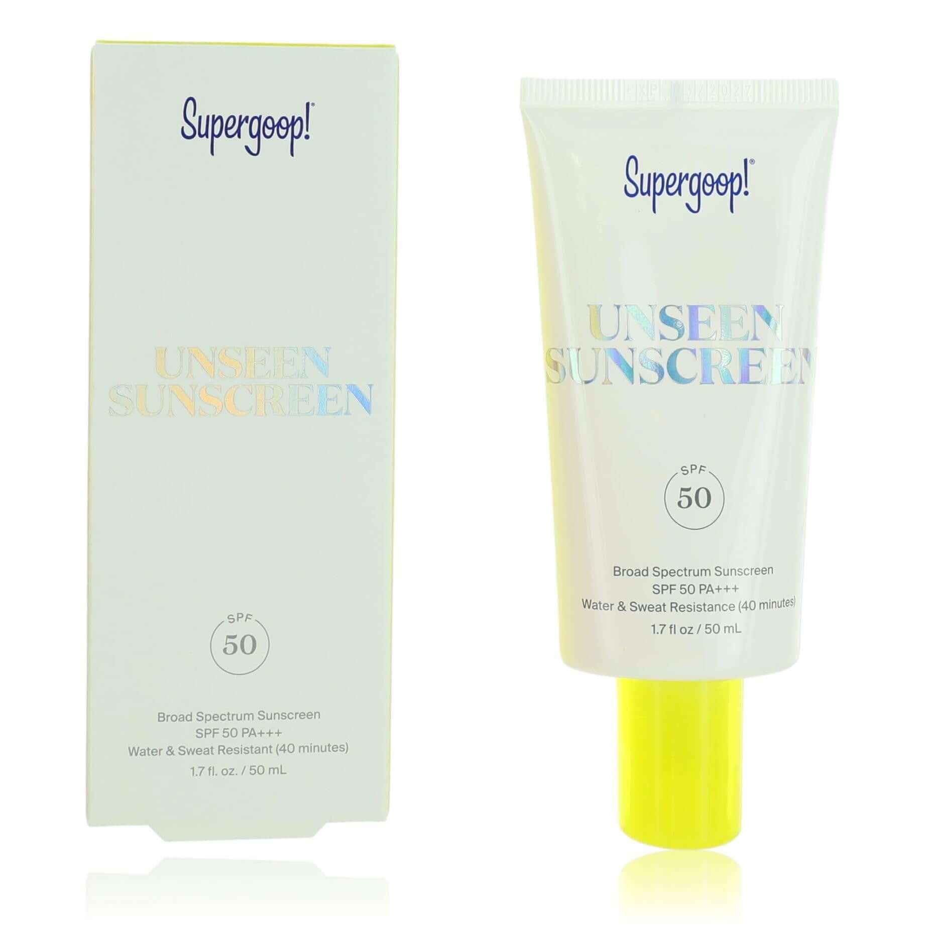 Unseen Sunscreen SPF 50 tube with matching box from Supergoop, 1.7 oz