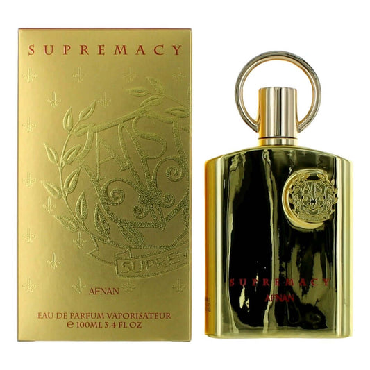 Supremacy Gold by Afnan, 3.4 oz EDP Spray for Unisex in elegant gold packaging.