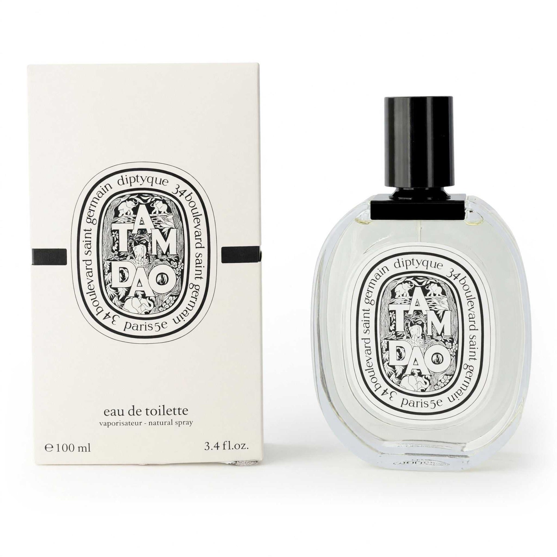Tam Dao EDT spray bottle, 3.4 oz, with matching box; clear glass with black cap.