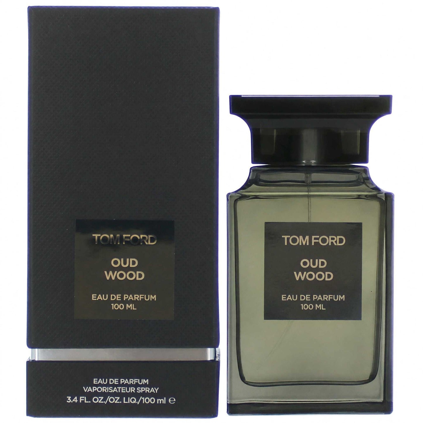 Oud Wood eau de parfum spray bottle with black cap and matching box, 3.4 fl oz