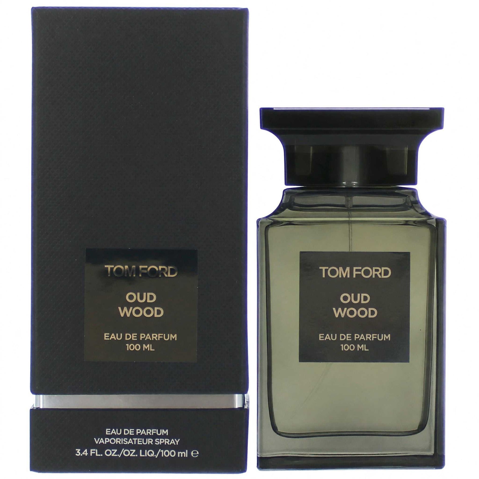 Oud Wood eau de parfum spray bottle with black cap and matching box, 3.4 fl oz