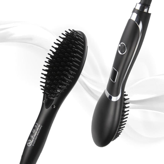 Black hairbrush with bristle head and sleek handle on a white background