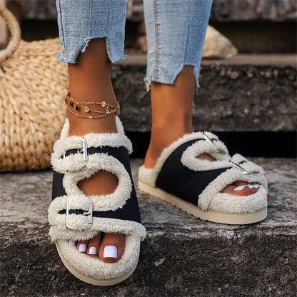 Autumn Winter Buckle Lamb Wool Slippers – Women’s Thick Sole Autumn Winter Slipper Thick Sole Buckle | Ectron Online