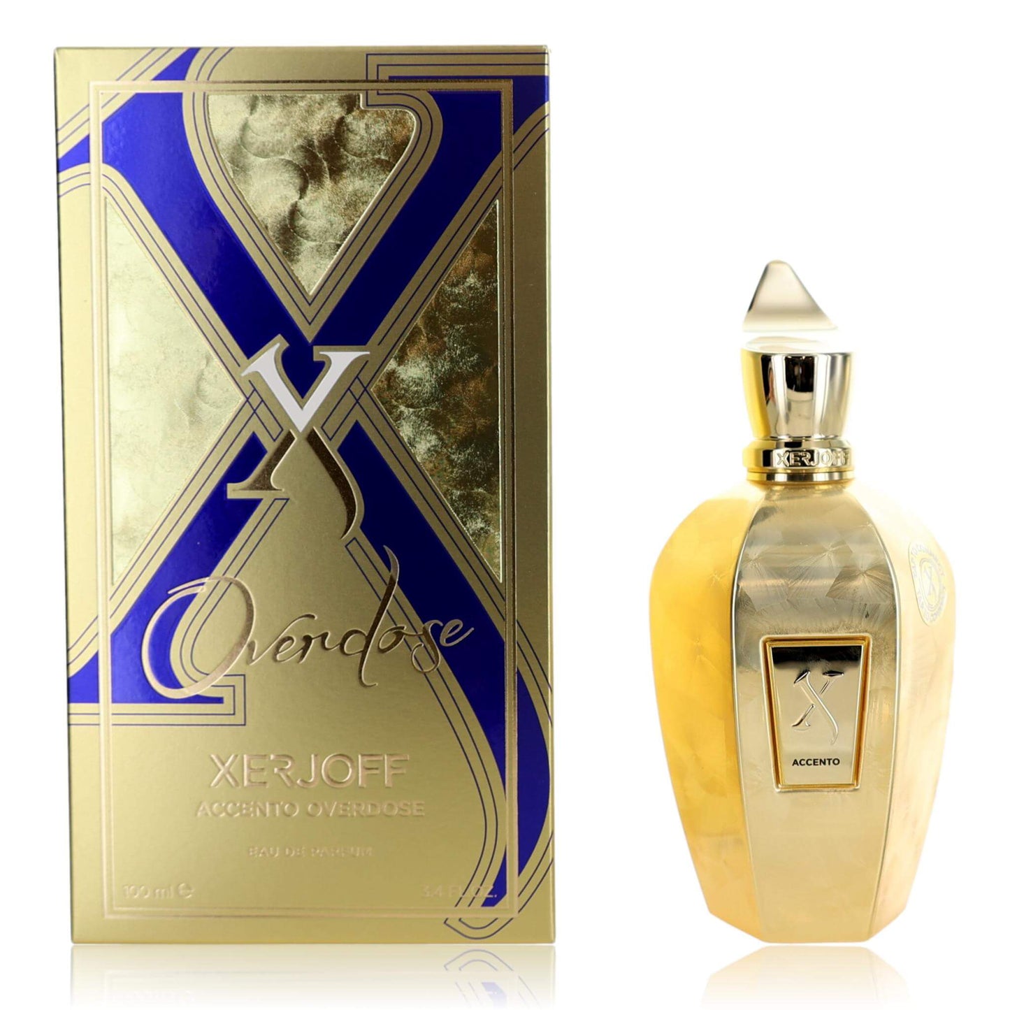 Amber perfume bottle with gold cap and label, shown beside its decorative box