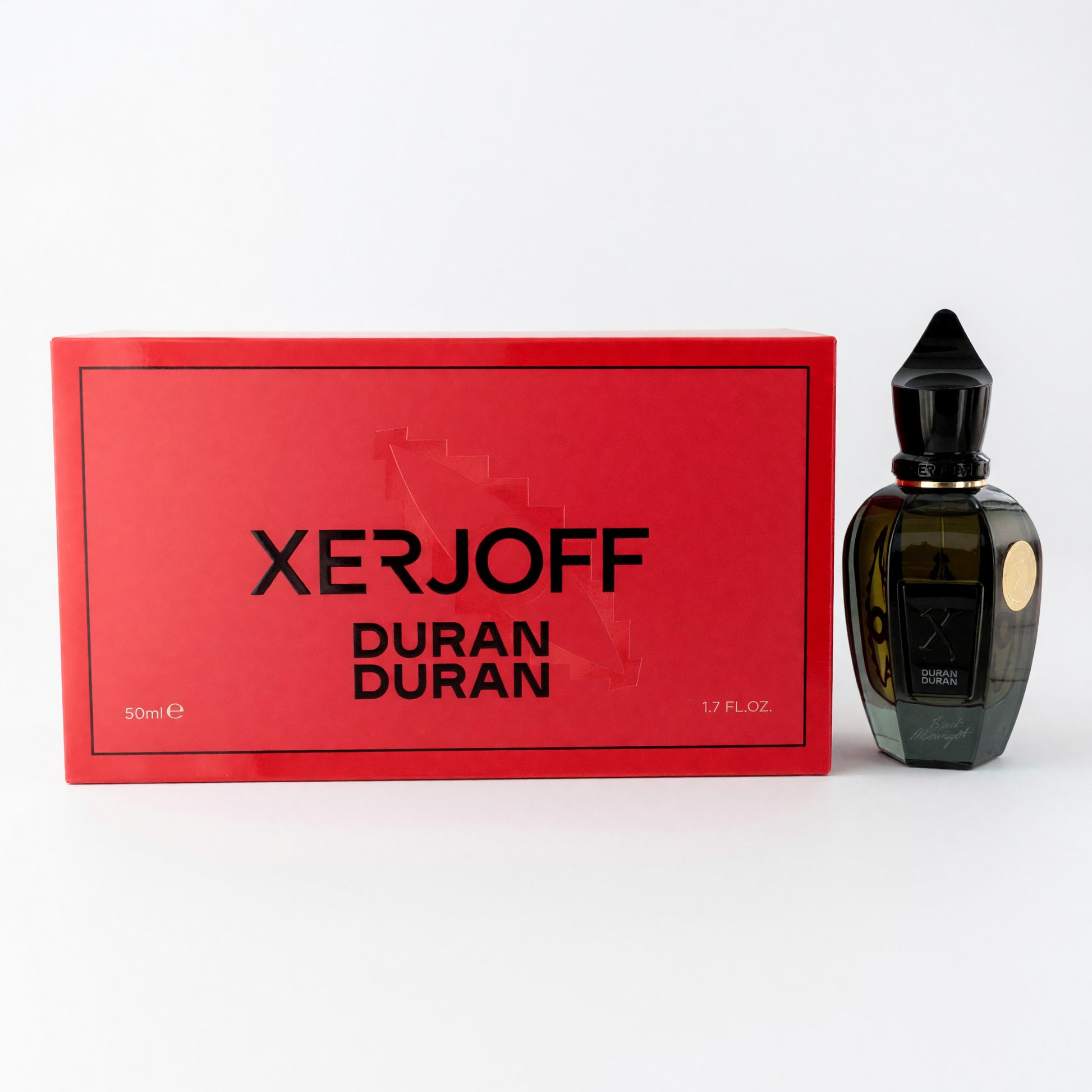 Xerjoff Duran Duran perfume set with red box and dark glass spray bottle, 1.7 oz EDP