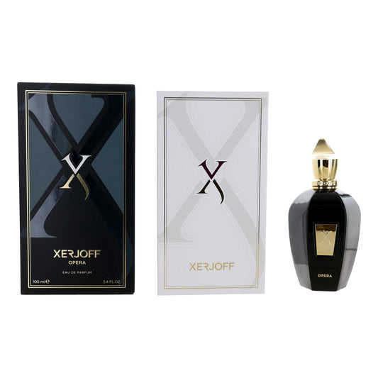 Xerjoff Opera eau de parfum spray bottle, dark glass with gold cap and front label