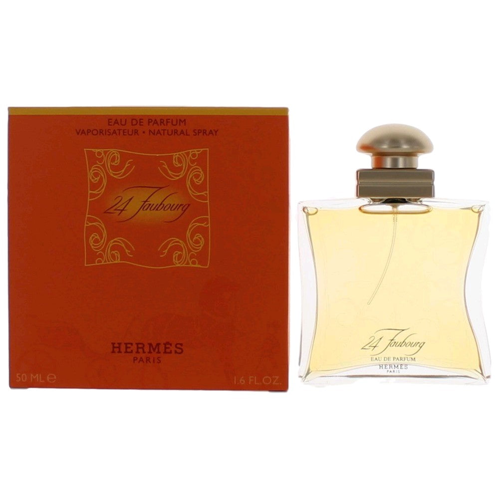 Women's perfume by Hermes: glass bottle with gold cap and amber box