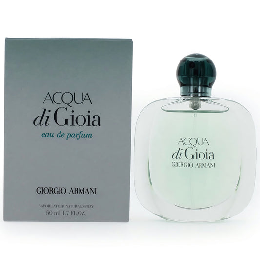 Women’s eau de parfum bottle with round clear glass, green cap, and matching box