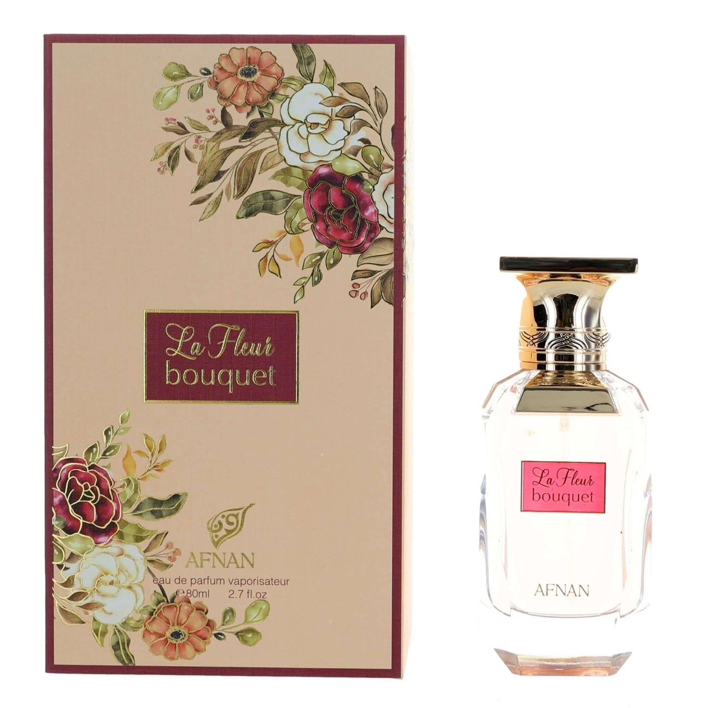 La Fleur bouquet perfume set: glass spray bottle with floral label and matching box