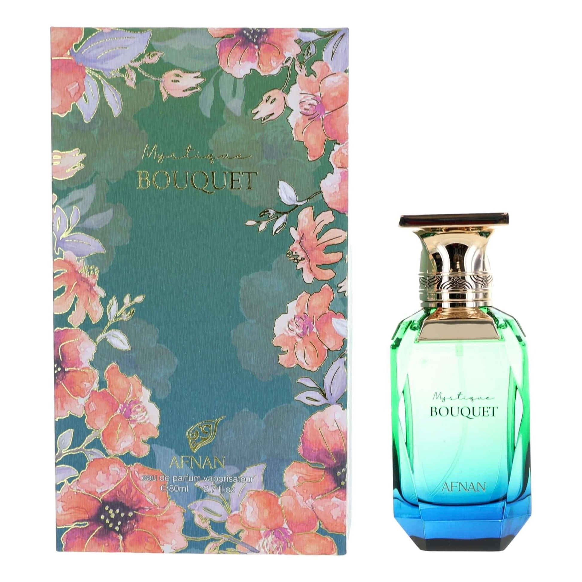 Mystique Bouquet by Afnan, 2.7 oz EDP Spray for Women with floral packaging and elegant bottle design.