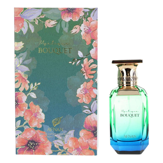 Mystique Bouquet by Afnan, 2.7 oz EDP Spray for Women with floral packaging and elegant bottle design.