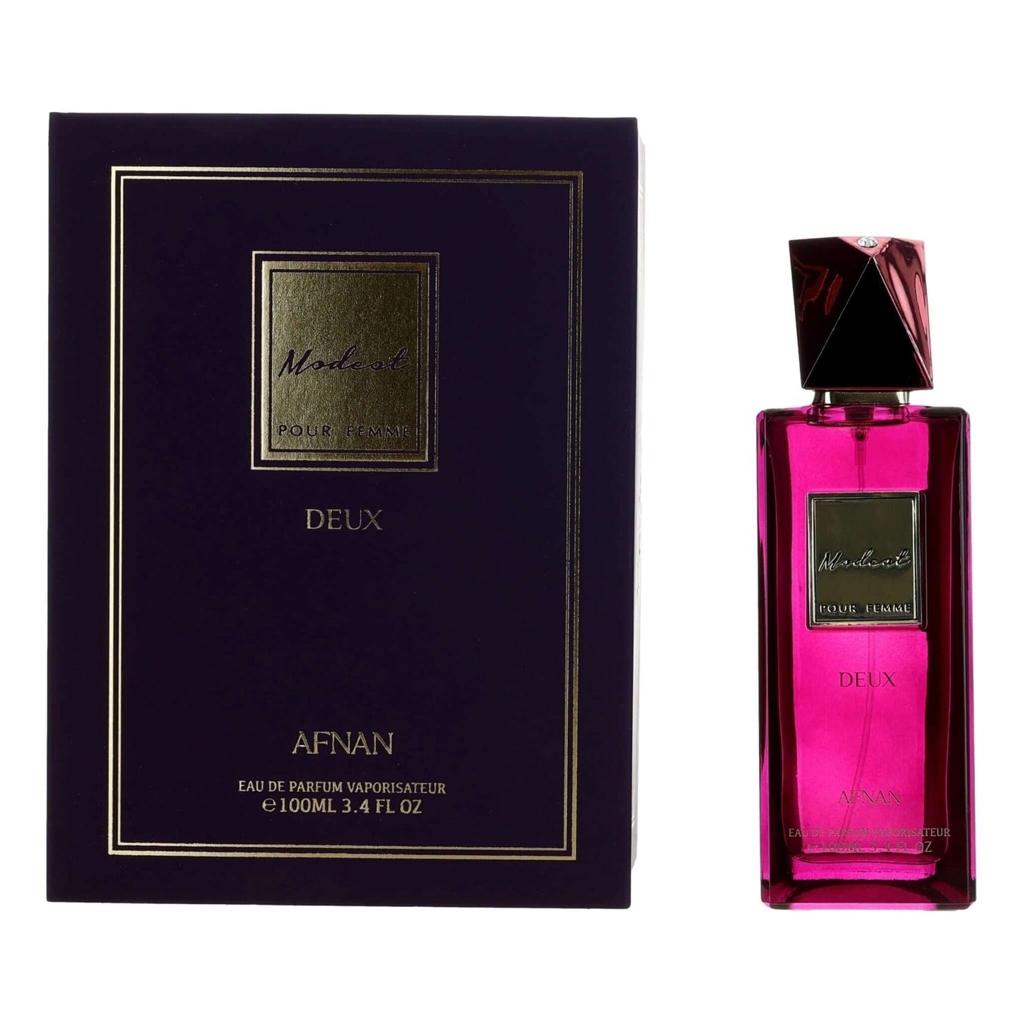 Afnan Modest Deux perfume set with dark purple box and pink glass spray bottle