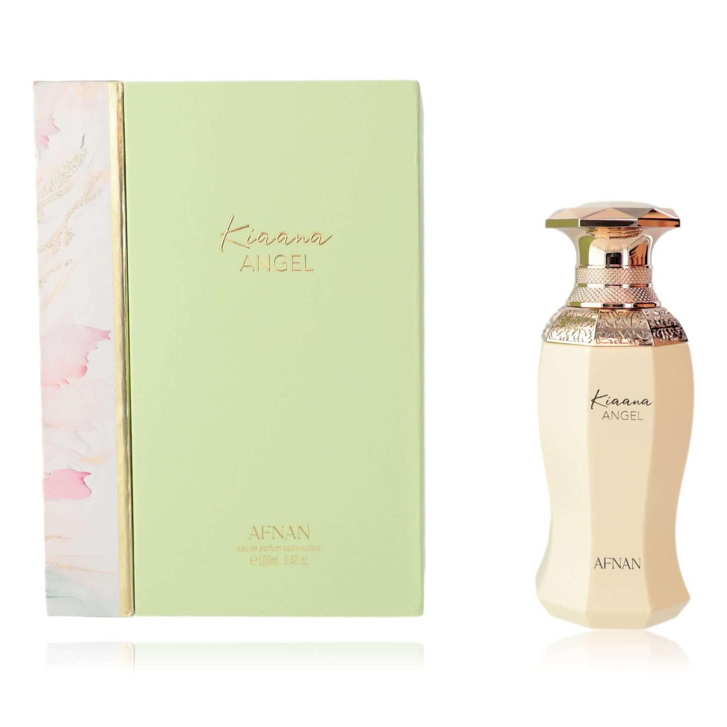 Women’s perfume EDP spray with box, light green packaging and gold-toned cap