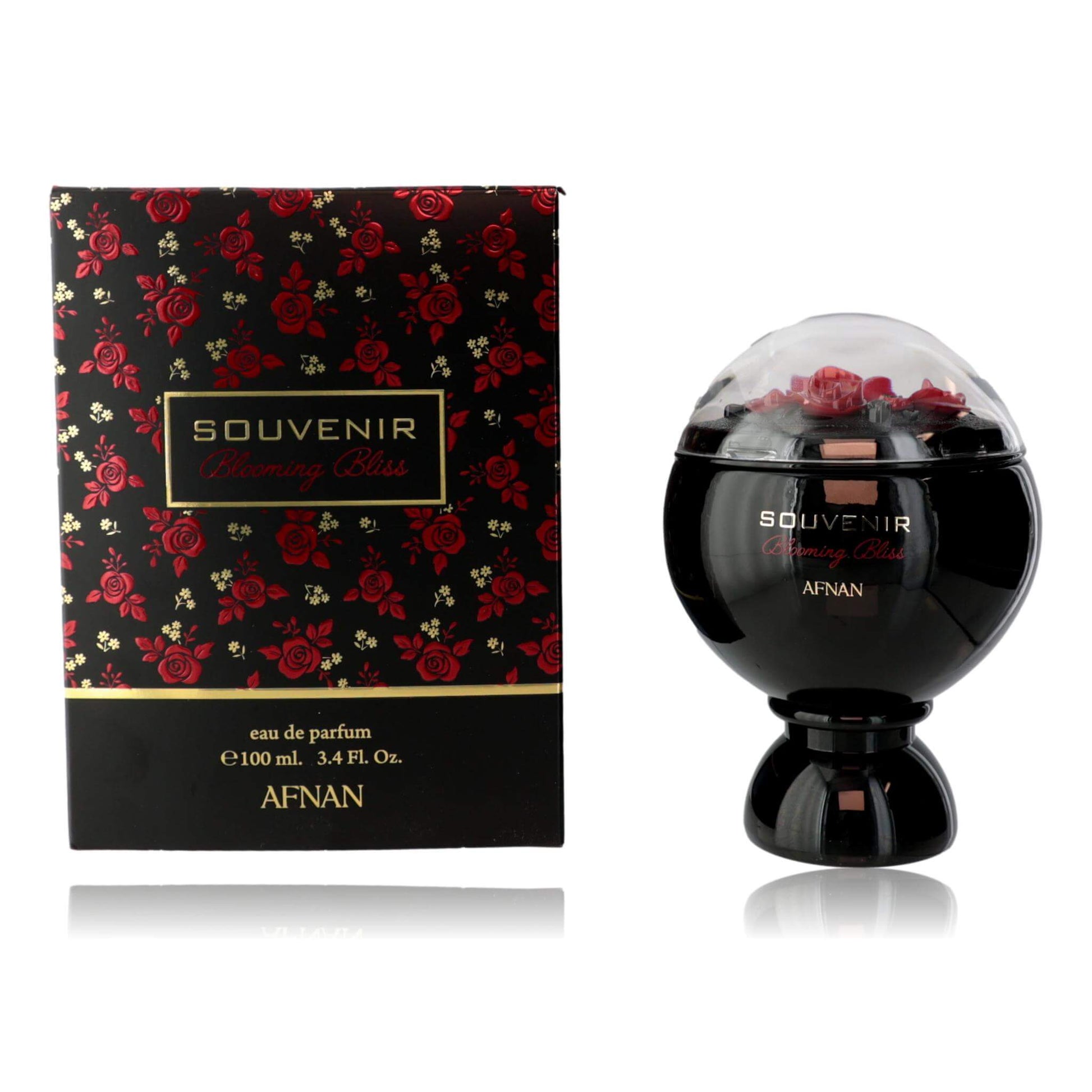 Afnan Souvenir Blooming Bliss EDP spray, box and spherical bottle with red rose pattern