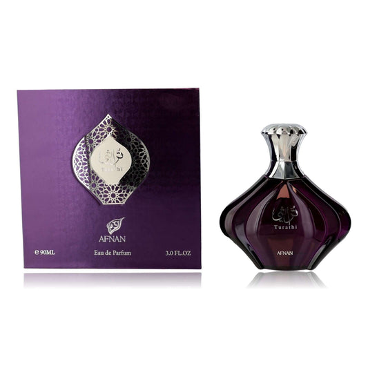 Turathi Purple by Afnan, 3 oz EDP spray for Women displayed with elegant packaging and bottle design.