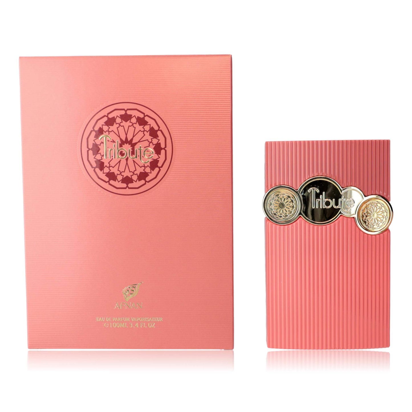Pink Tribute Afnan EDP spray box and bottle with decorative gold medallions