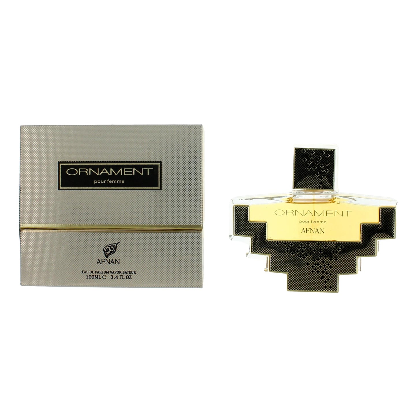 Women's EDP spray bottle and beige gift box with gold and black cap