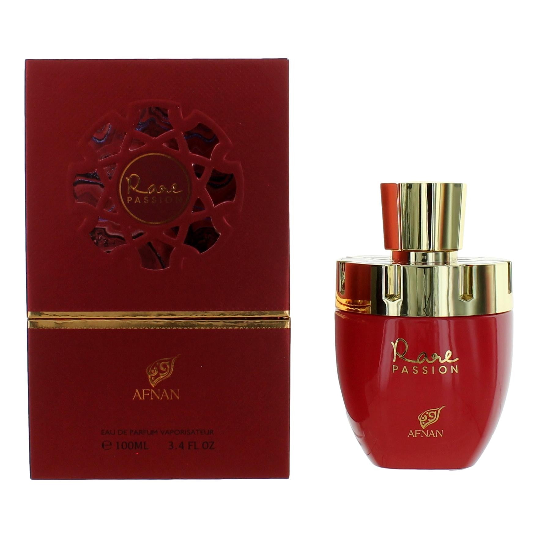 Women’s Rare Passion EDP spray in red bottle with gold cap, shown with box