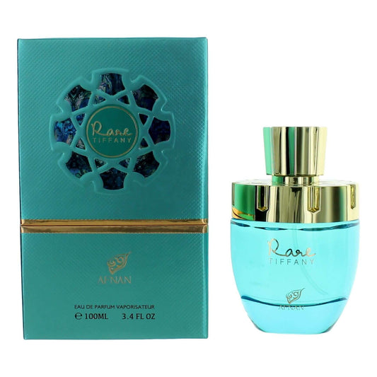 Rare Tiffany by Afnan, 3.4 oz EDP Spray for Women with beautiful blue packaging and elegant bottle design.