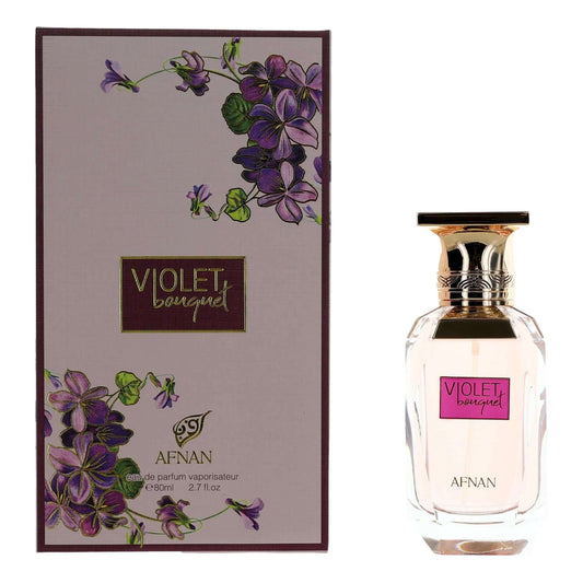 Violet Bouquet by Afnan, 2.7 oz EDP Spray for Women packaging and bottle with floral design.